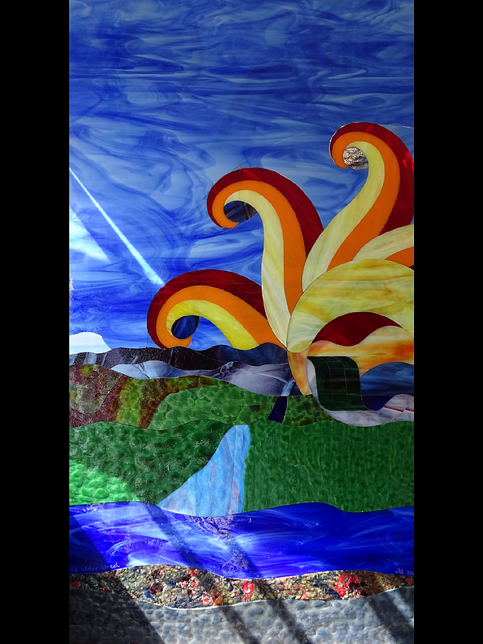 The Water Wheel, “Unleaded” Architectural Stained Glass, 22”x40” tall.  JQ 2022